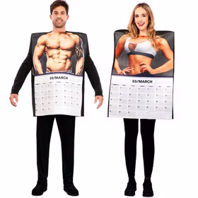 Kalender Kostüm mit März-Motiv für Herren und links daneben Kalender Kostüm mit März-Motiv für Damen von Vorne