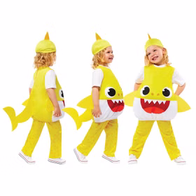 Baby Shark Kostüm kleiner Hai Gelb für Kinder aus mehreren Perspektiven fotografiert