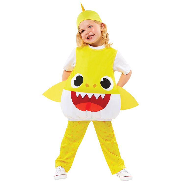 Baby Shark Kostüm kleiner Hai Gelb für Kinder Baby Shark Kostüm kleiner Hai Gelb für Kinder von Vorne mit Baby Shark Logo Oben Rechts