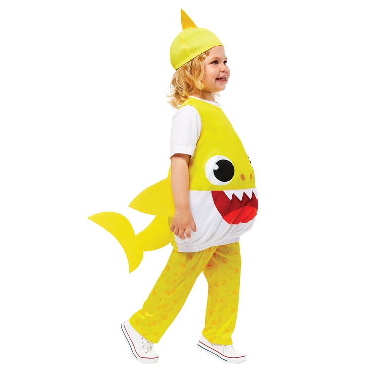 Baby Shark Kostüm kleiner Hai Gelb für Kinder Baby Shark Kostüm kleiner Hai Gelb für Kinder von Vorne mit Baby Shark Logo Oben Rechts