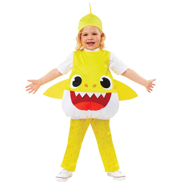 Baby Shark Kostüm kleiner Hai Gelb für Kinder Baby Shark Kostüm kleiner Hai Gelb für Kinder von Vorne mit Baby Shark Logo Oben Rechts