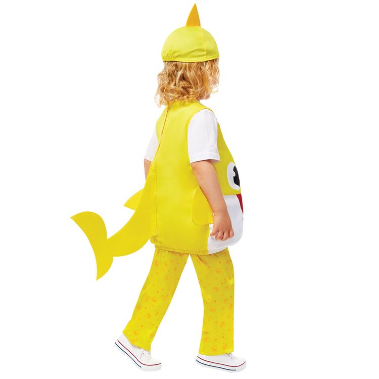 Baby Shark Kostüm kleiner Hai Gelb für Kinder Baby Shark Kostüm kleiner Hai Gelb für Kinder von Vorne mit Baby Shark Logo Oben Rechts