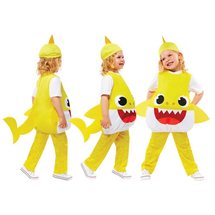 Baby Shark Kostüm kleiner Hai Gelb für Kinder Baby Shark Kostüm kleiner Hai Gelb für Kinder von Vorne mit Baby Shark Logo Oben Rechts