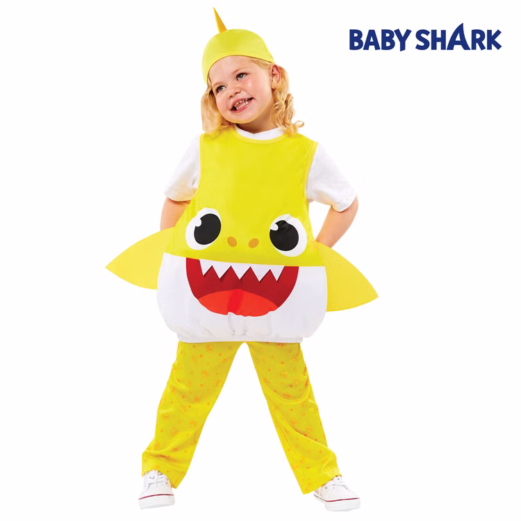 Baby Shark Kostüm kleiner Hai Gelb für Kinder Gr. 98-104 Tier Tierkostüm Lizenz-Kostüm Fasching Karneval Mottoparty Baby Shark Kostüm kleiner Hai Gelb für Kinder von Vorne mit Baby Shark Logo Oben Rechts