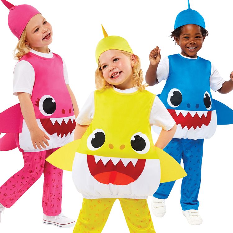 Baby Shark Kostüm kleiner Hai Gelb für Kinder Baby Shark Kostüm kleiner Hai Gelb für Kinder von Vorne mit Baby Shark Logo Oben Rechts