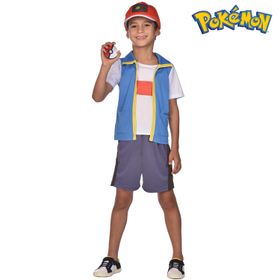 Pokemon Kostüm Ash Ketchum Poke-Trainer für Kinder mit Pokeball in der rechten Hand von Vorne und links oben das Pokemon-Logo