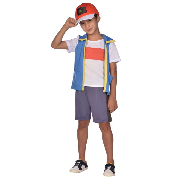 Pokemon Kostüm Ash Ketchum Poke-Trainer für Kinder Pokemon Kostüm Ash Ketchum Poke-Trainer für Kinder mit Pokeball in der rechten Hand von Vorne und links oben das Pokemon-Logo