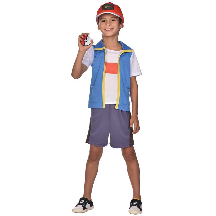 Pokemon Kostüm Ash Ketchum Poke-Trainer für Kinder Pokemon Kostüm Ash Ketchum Poke-Trainer für Kinder mit Pokeball in der rechten Hand von Vorne und links oben das Pokemon-Logo