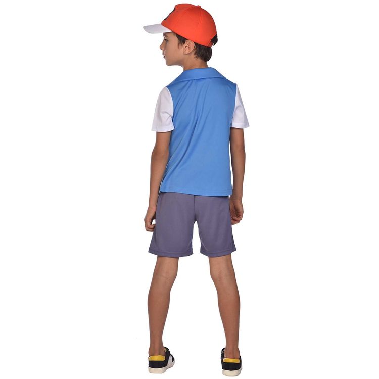 Pokemon Kostüm Ash Ketchum Poke-Trainer für Kinder Pokemon Kostüm Ash Ketchum Poke-Trainer für Kinder mit Pokeball in der rechten Hand von Vorne und links oben das Pokemon-Logo