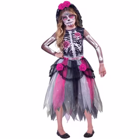 La Catrina Kostüm Skelett Kleid und Haarreif mit Schleier für Kinder von Vorne