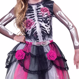 Nahaufnahme La Catrina Kostüm Skelett Kleid und Haarreif mit Schleier für Kinder von Vorne