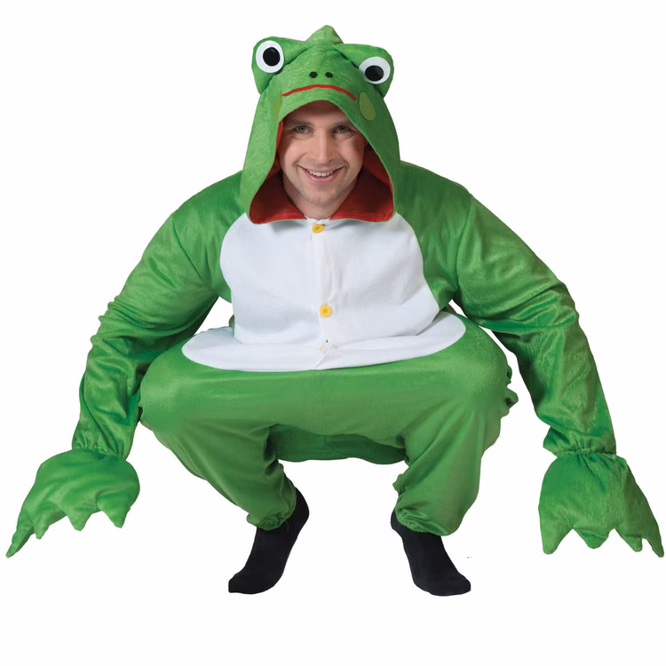 Frosch Kostüm Verwunschener Frosch Splash für Herren Gr. M/L JGA Tier Tierkostüm Fasching Karneval Mottoparty Märchen Junggesellenabschied Frosch Kostüm für Herren knieend von Vorne