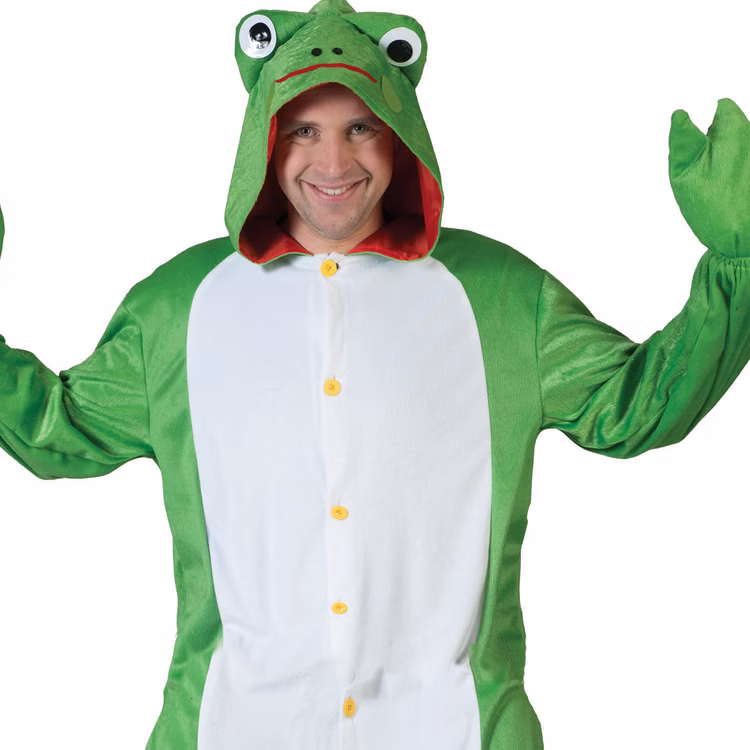 Frosch Kostüm Verwunschener Frosch Splash für Herren Gr. M/L JGA Tier Tierkostüm Fasching Karneval Mottoparty Märchen Junggesellenabschied Nahaufnahme Kapuze mit Froschgesicht des Frosch Kostüms für Herren