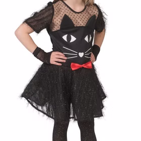 Katzen Kostüm Kitty Lucy für Kinder Gr. 104-140 Schwarz Tier Tierkostüm Halloween Fasching Karneval Kindergeburtstag Mottoparty Nahaufnahme des Kostümes mit Katzen-Print Kitty Lucy für Kinder von Vorne