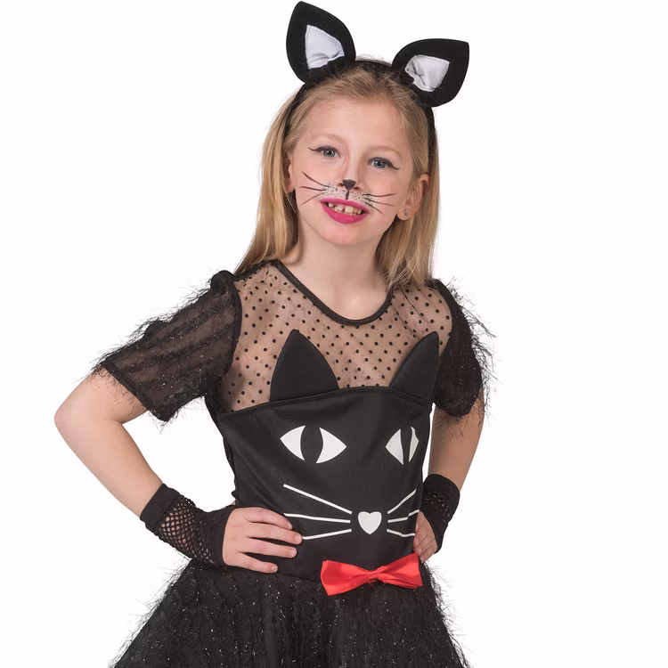 Katzen Kostüm Kitty Lucy für Kinder Gr. 104-140 Schwarz Tier Tierkostüm Halloween Fasching Karneval Kindergeburtstag Mottoparty Nahaufnahme des Haarreifs mit Katzen-Ohren des Katzen Kostüms Kitty Lucy für Kinder von Vorne