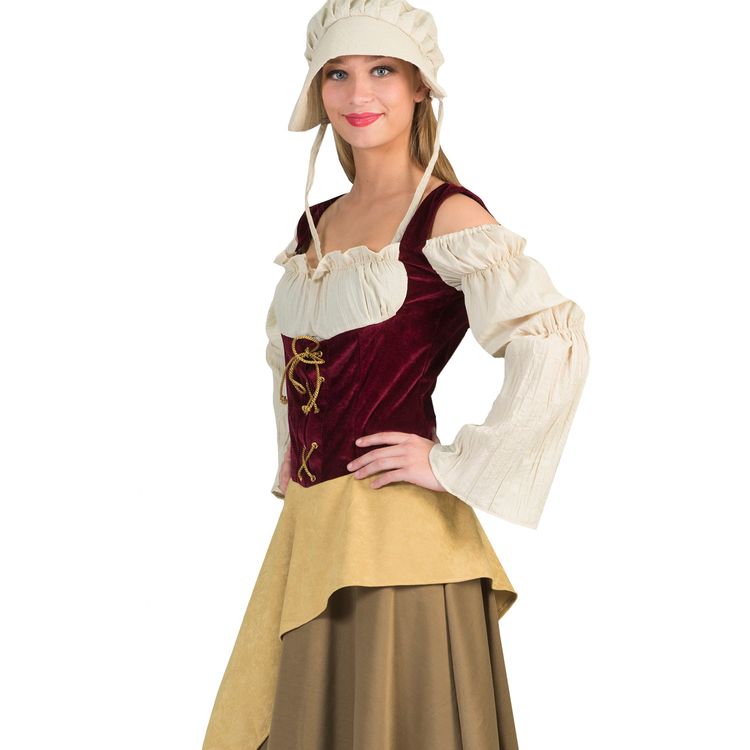 Mittelalter Kostüm Bäuerin Landfrau Brunhilde für Damen Mittelalter Kostüm Bäuerin Landfrau Brunhilde für Damen mit Weidekorb in der rechten Hand von Vorne