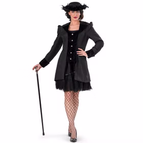Gothic Kostüm Schwarze Barock Jacke für Damen Gr. 36-50 Kleid Schwarz Fasching Karneval Mottoparty Gothic Kostüm Schwarze Barock Jacke für Damen von Vorne mit Gehstock in der rechten Hand