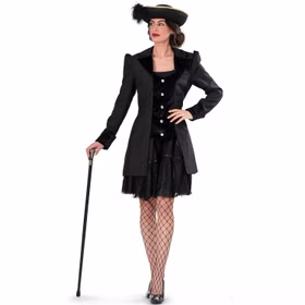 Gothic Kostüm Schwarze Barock Jacke für Damen Gr. 36-50 Kleid Schwarz Fasching Karneval Mottoparty Gothic Kostüm Schwarze Barock Jacke für Damen von Vorne mit Gehstock in der rechten Hand