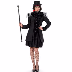 Gothic Kostüm Schwarze Barock Jacke für Damen Gr. 36-50 Kleid Schwarz Fasching Karneval Mottoparty Gothic Kostüm Schwarze Barock Jacke für Damen von Vorne mit Gehstock in der rechten Hand Zylinder und schwarzer Netzstrumpfhose