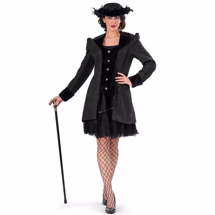 Gothic Kostüm Schwarze Barock Jacke für Damen Gr. 36-50 Kleid Schwarz Fasching Karneval Mottoparty Gothic Kostüm Schwarze Barock Jacke für Damen von Vorne mit Gehstock in der rechten Hand