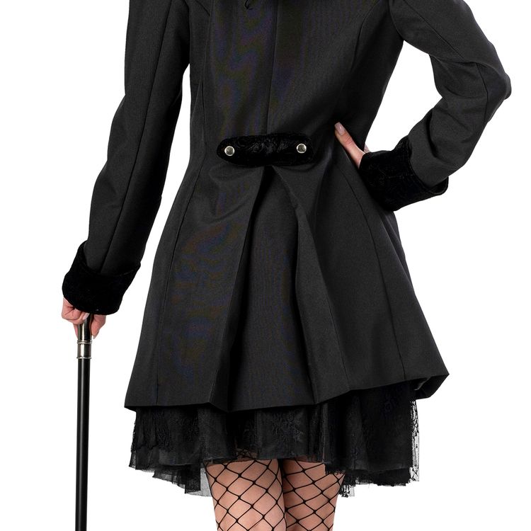 Gothic Kostüm Schwarze Barock Jacke für Damen von Vorne mit Gehstock in der rechten Hand