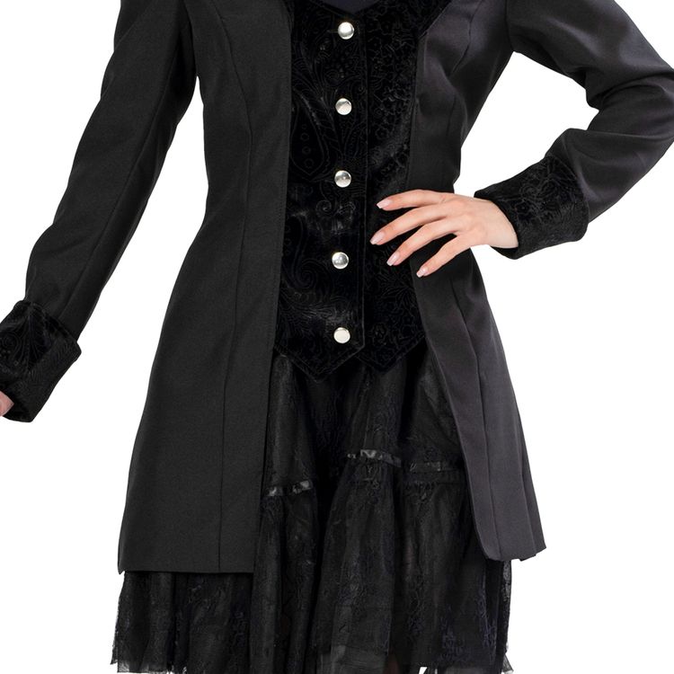 Gothic Kostüm Schwarze Barock Jacke für Damen von Vorne mit Gehstock in der rechten Hand