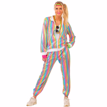 Jogginganzug Kostüm Regenbogen-Pailletten Pastellfarben 80er Jahre CSD für Damen Gr. 36-46 bunt Fasching Karneval Mottoparty Paar- und Gruppenkostüm Jogginganzug Kostüm in Pailletten-Optik von Vorne