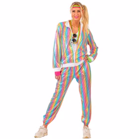 Jogginganzug Kostüm Regenbogen-Pailletten Pastellfarben 80er Jahre CSD für Damen Gr. 36-46 bunt Fasching Karneval Mottoparty Paar- und Gruppenkostüm Jogginganzug Kostüm in Pailletten-Optik von Vorne