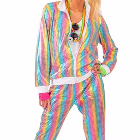 Jogginganzug Kostüm Regenbogen-Pailletten Pastellfarben 80er Jahre CSD für Damen Gr. 36-46 bunt Fasching Karneval Mottoparty Paar- und Gruppenkostüm Jogginganzug Kostüm in Pailletten-Optik Detailaufnahme von Vorne