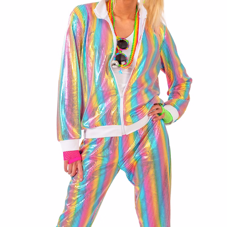 Jogginganzug Kostüm Regenbogen-Pailletten Pastellfarben 80er Jahre CSD für Damen Gr. 36-46 bunt Fasching Karneval Mottoparty Paar- und Gruppenkostüm Jogginganzug Kostüm in Pailletten-Optik Detailaufnahme von Vorne
