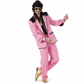 50er Jahre Kostüm Rock 'n' Roll Pink Perfection Disco Dude für Herren Gr. 48-58 Rosa Fasching Karneval Mottoparty Pimp Proll 50er Jahre Kostüm Rock 'n' Roll Pink Perfection Disco Dude für Herren tanzend und Luftgitarre spielend von Vorne