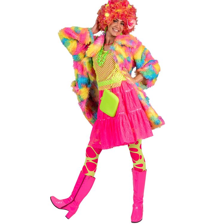 90er Jahre Kostüm Fluffy Rainbow Jacke Disco Bird für Damen