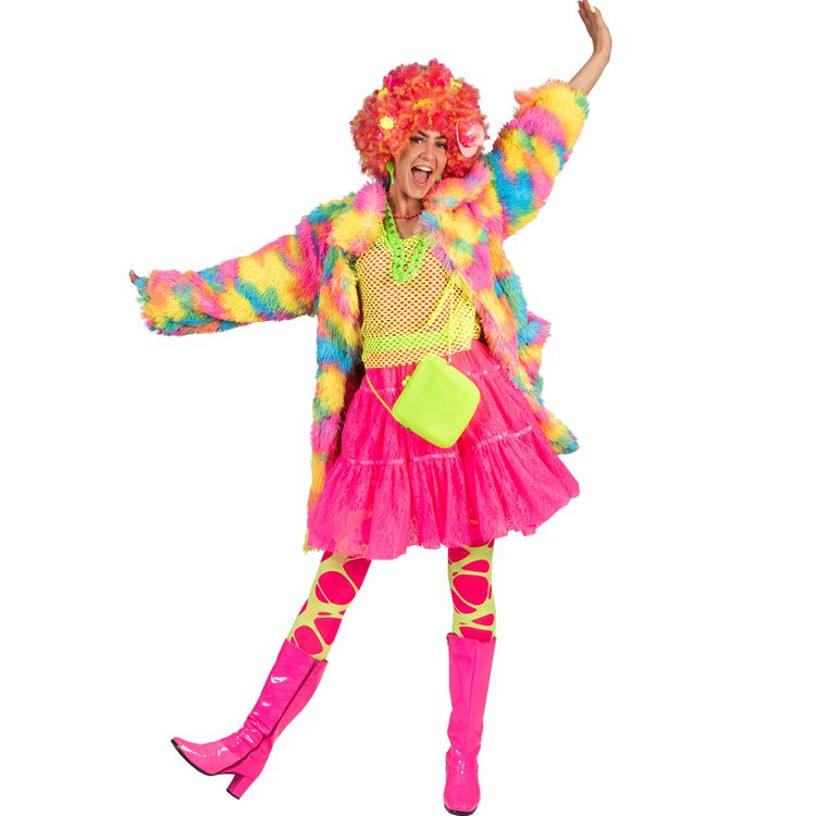 90er Jahre Kostüm Fluffy Rainbow Jacke Disco Bird für Damen