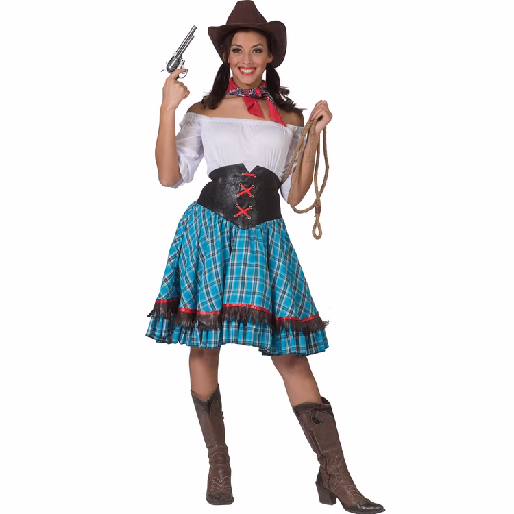 Western Kostüm Saloon Woman Betsy Wild West für Damen Gr. 36-42 bunt Fasching Karneval Mottoparty Paarkostüm Western Kostüm Saloon Woman Betsy Wild West für Damen von Vorne mit Western-Pistole in der rechten und Lasso in der linken Hand