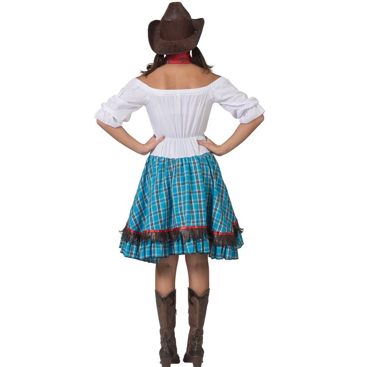 Western Kostüm Saloon Woman Betsy Wild West für Damen von Vorne mit Western-Pistole in der rechten und Lasso in der linken Hand