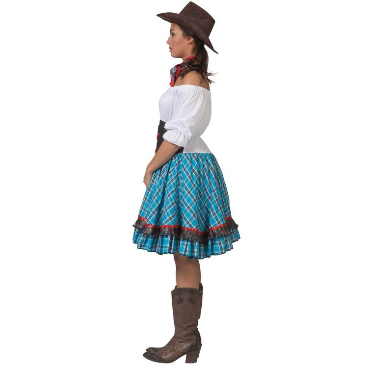 Western Kostüm Saloon Woman Betsy Wild West für Damen von Vorne mit Western-Pistole in der rechten und Lasso in der linken Hand