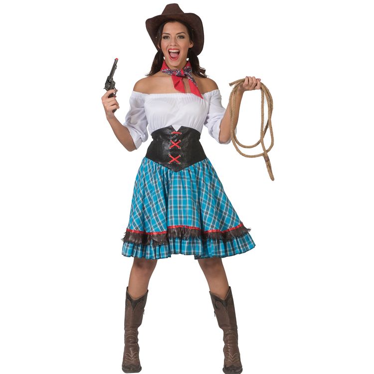 Western Kostüm Saloon Woman Betsy Wild West für Damen von Vorne mit Western-Pistole in der rechten und Lasso in der linken Hand