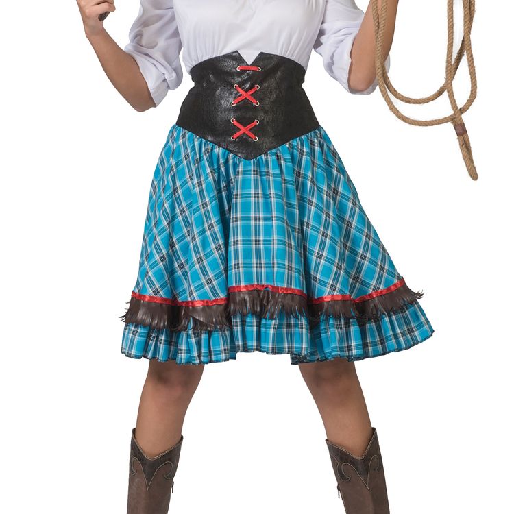 Western Kostüm Saloon Woman Betsy Wild West für Damen von Vorne mit Western-Pistole in der rechten und Lasso in der linken Hand