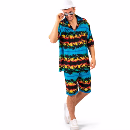 Hawaii Kostüm Aloha Shorts & Hemd Blau mit Palmen für Herren Gr. 48-58 Beachparty Sommerparty Party-Outfit Fasching Karneval Mottoparty Hawaii Kostüm Aloha Shorts & Hemd für Herren von Vorne