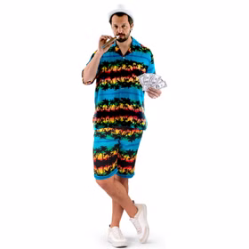 Hawaii Kostüm Aloha Shorts & Hemd Blau mit Palmen für Herren Gr. 48-58 Beachparty Sommerparty Party-Outfit Fasching Karneval Mottoparty Hawaii Kostüm Aloha Shorts & Hemd für Herren von Vorne
