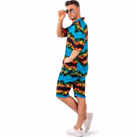 Hawaii Kostüm Aloha Shorts & Hemd Blau mit Palmen für Herren Gr. 48-58 Beachparty Sommerparty Party-Outfit Fasching Karneval Mottoparty Hawaii Kostüm Aloha Shorts & Hemd für Herren von der Seite