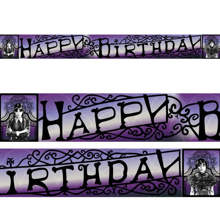Wednesday Happy Birthday Banner 200 x 18,5 cm Party-Zubehör Deko Wednesday Happy Birthday Banner in Lila und Schwarz mit dekorativen Ornamenten und Figurenmotiven, aufgehängt an einer Schnur
