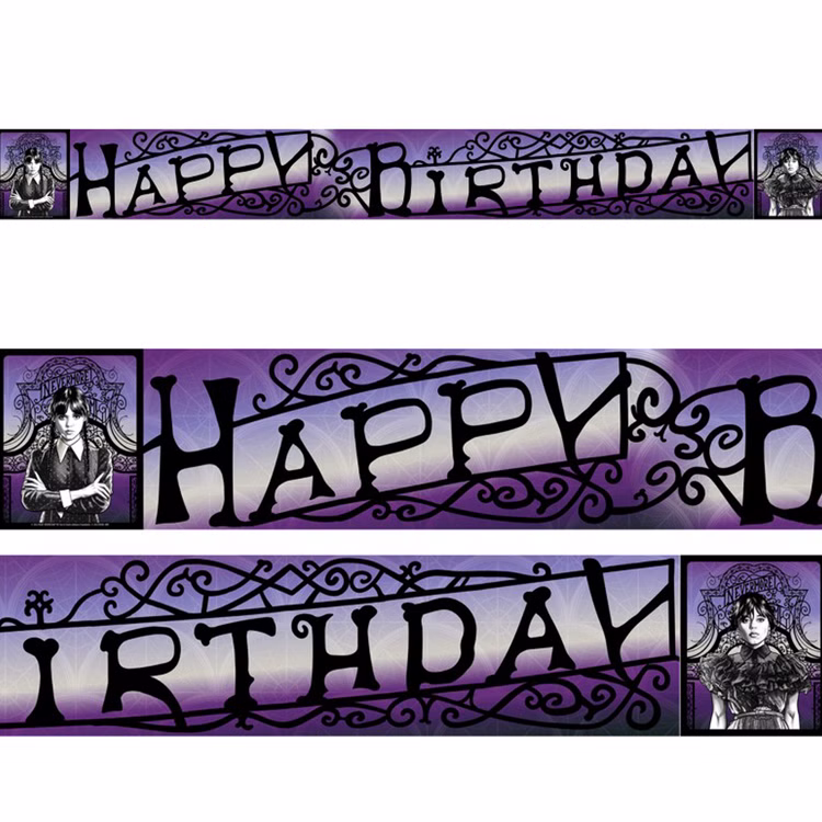 Wednesday Happy Birthday Banner 200 x 18,5 cm Party-Zubehör Deko SALE Party-Deko Dekoration Geburtstag Geburtstagsbanner Offiziell lizenzierter Wednesday Happy Birthday Banner auf weißem Hintergrund.