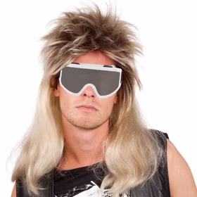 80er und 90er Jahre Kostüm Vokuhila Perücke mit Skibrille für Herren Accessoire Fasching Karneval Mottoparty Festival 80er und 90er Jahre Kostüm Vokuhila Perücke mit weißer Skibrille für Herren von Vorne