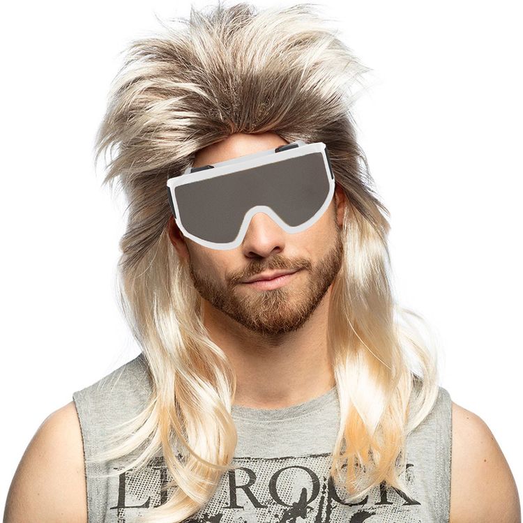 80er und 90er Jahre Kostüm Vokuhila Perücke mit weißer Skibrille für Herren von Vorne