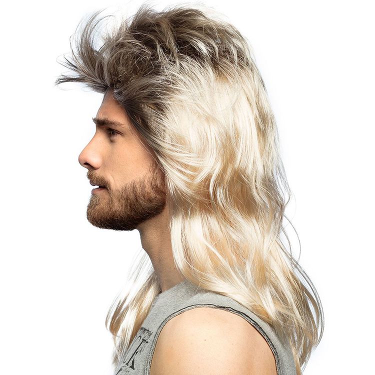 80er und 90er Jahre Kostüm Vokuhila Perücke mit weißer Skibrille für Herren von Vorne