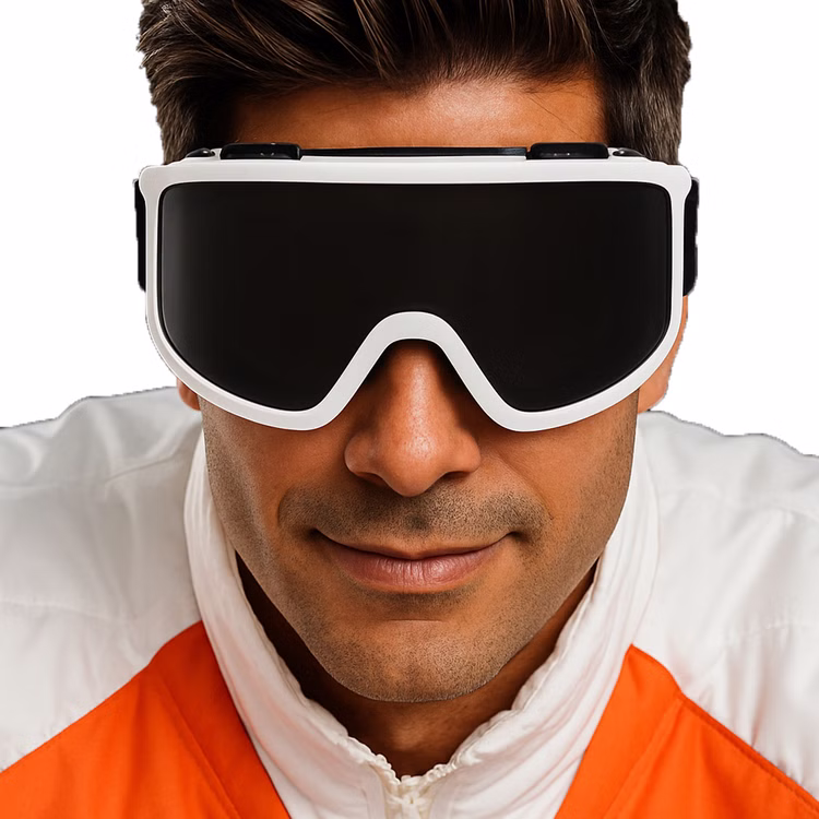 Skibrille weiß mit leicht getönten Gläsern Spaßbrille Kostüm-Zubehör für Erwachsene Accessoire Fasching Karneval Mottoparty Skibrille weiß mit leicht getönten Gläsern Spaßbrille auf dem Gesicht eines Mannes von Vorne