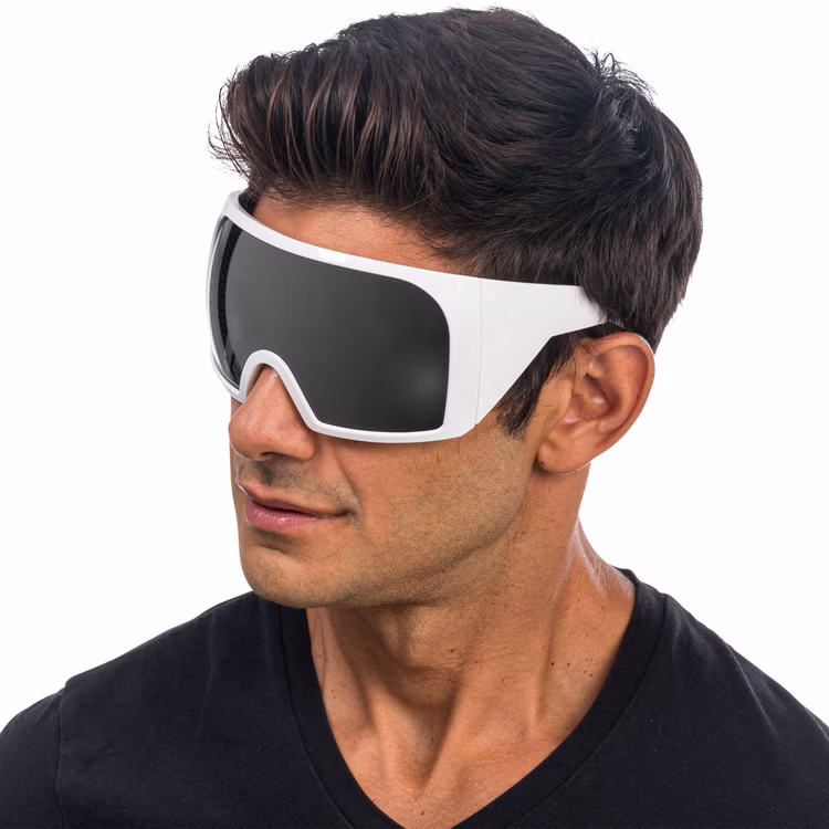 Futuristische Brille XXL Space-Brille mit weißem Rahmen 15 x 16 cm für Erwachsene Fasching Karneval Mottoparty Space Weltraum Galaxie Futuristische Brille XXL Space-Brille mit weißem Rahmen 15 x 16 cm für Erwachsene seitlich von Vorne