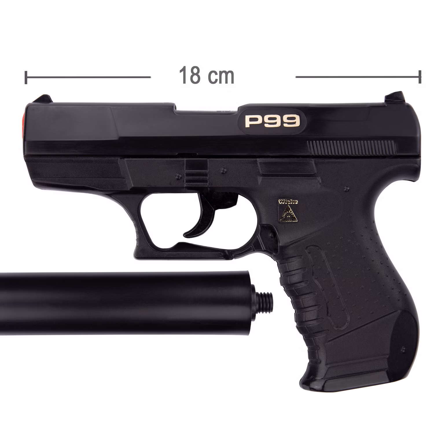 Polizei Pistole mit Schalldämpfer Schwarz P99 Special Agent 18 cm 25-Schuss Kostüm-Zubehör Polizist Agent Mafia Fasching Karneval Mottoparty Maßangaben Pistole mit einer Länge von 18 Zentimeter von der Seite