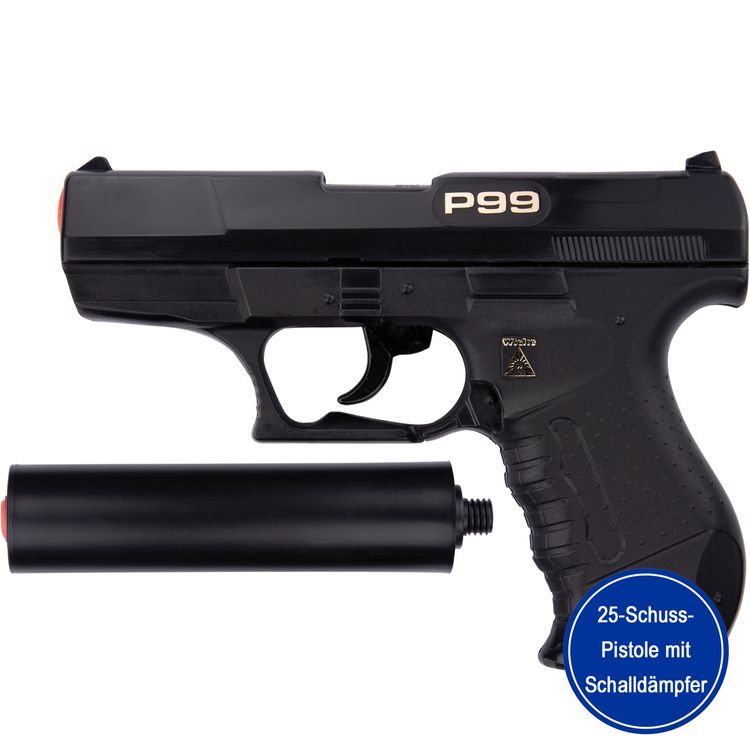 Polizei Pistole mit Schalldämpfer Schwarz P99 Special Agent 18 cm 25-Schuss Schwarze Polizei Pistole mit abschraubbarem Schalldämpfer von der Seite